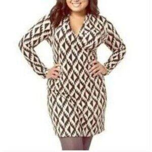 J. Jill Wearable Collection Faux Wrap Dress Tan And Brown Geometric Dress Size L